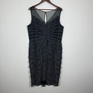 Adrianna Papell Dress 20W Black Tiered Sheath‎ Polka Dot Ruffles Cocktail Mesh